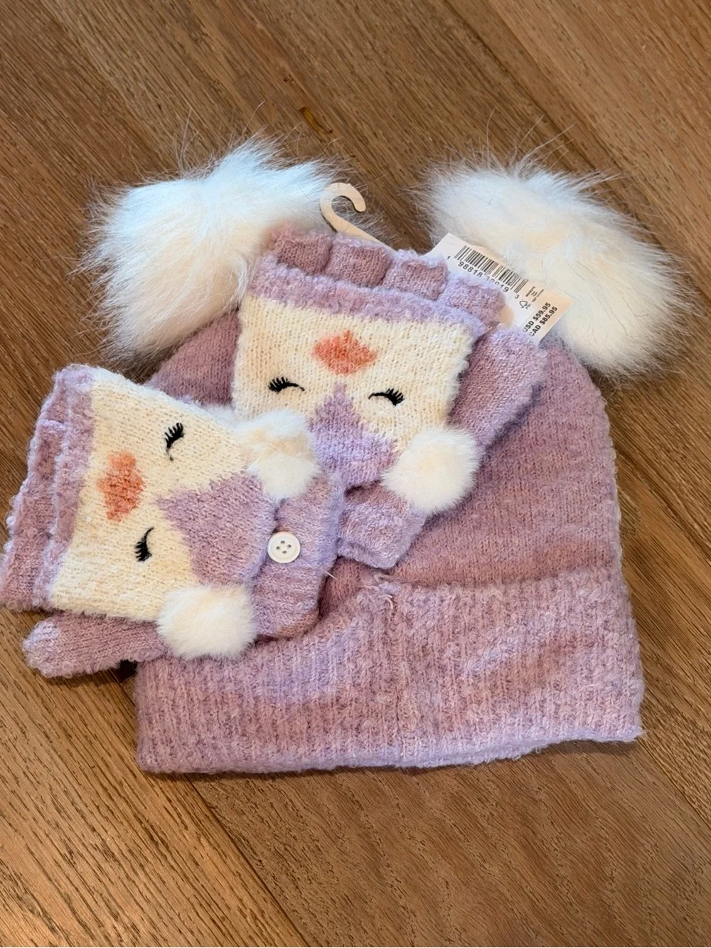 The Children's Place Lilac & White Pom Pom Owl Hat and Mitten Set